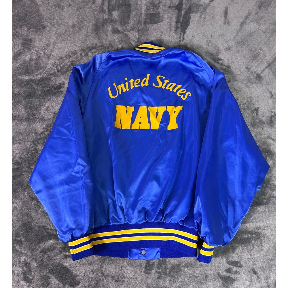 Vintage US Navy Satin Bomber Jacket Mens Blue Yellow King Louie Pro Fit - Picture 2 of 11